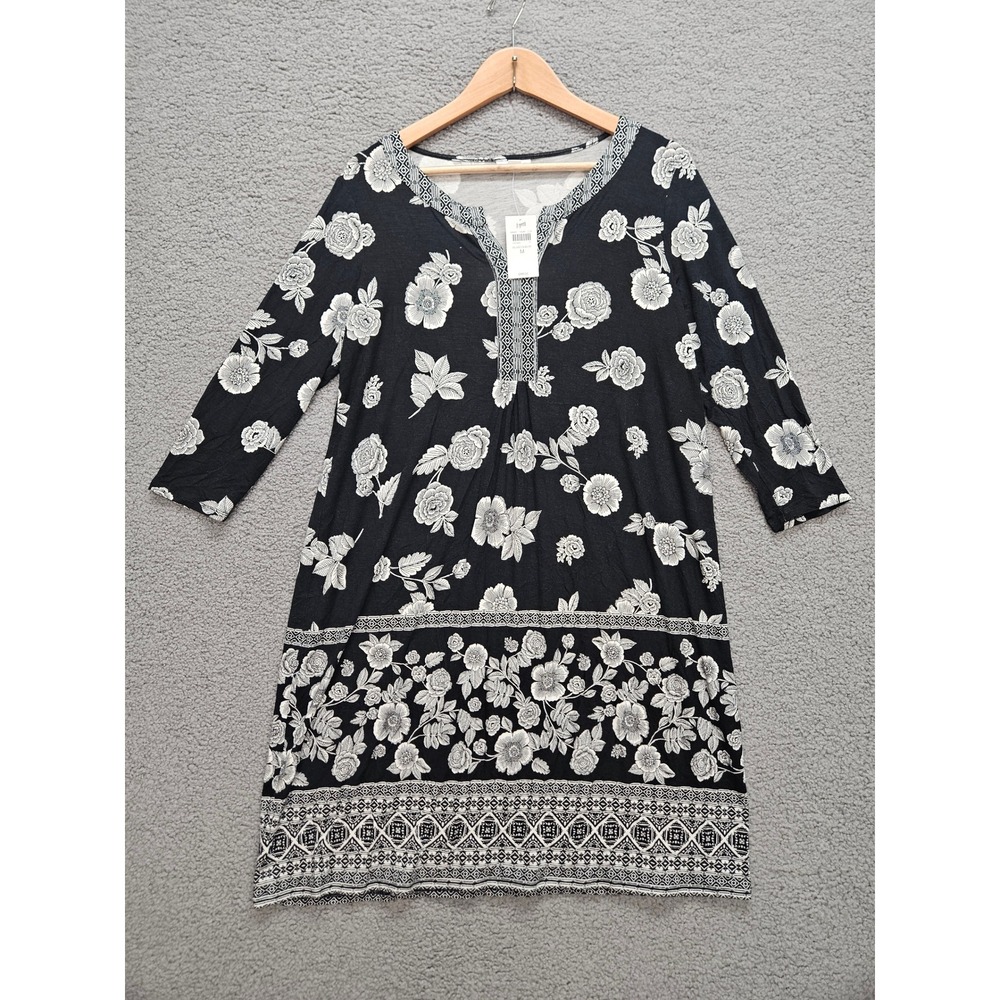NWT J. Jill Floral Tunic Dress M Black White Rose Boho Split Neck 3/4 Sleeve